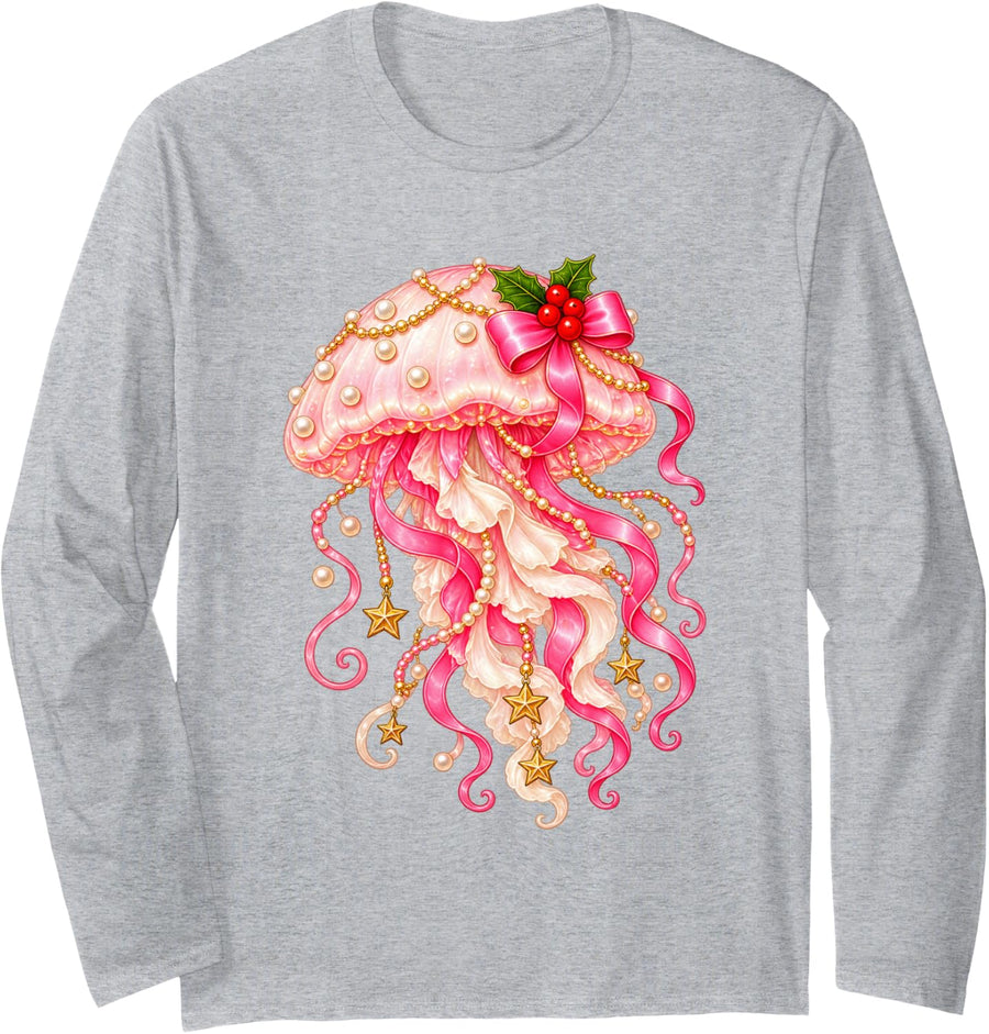 Cute Christmas Jellyfish with Pink Bow Marine Animal Xmas Long Sleeve T-Shirt - Adult Unisex Heather Grey