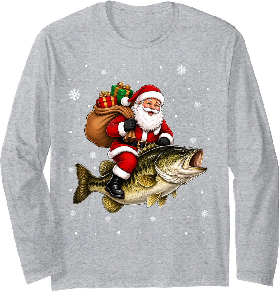 Festive Holiday Funny Santa Riding Bass Fish Christmas Long Sleeve T-Shirt - Adult Unisex Heather Grey