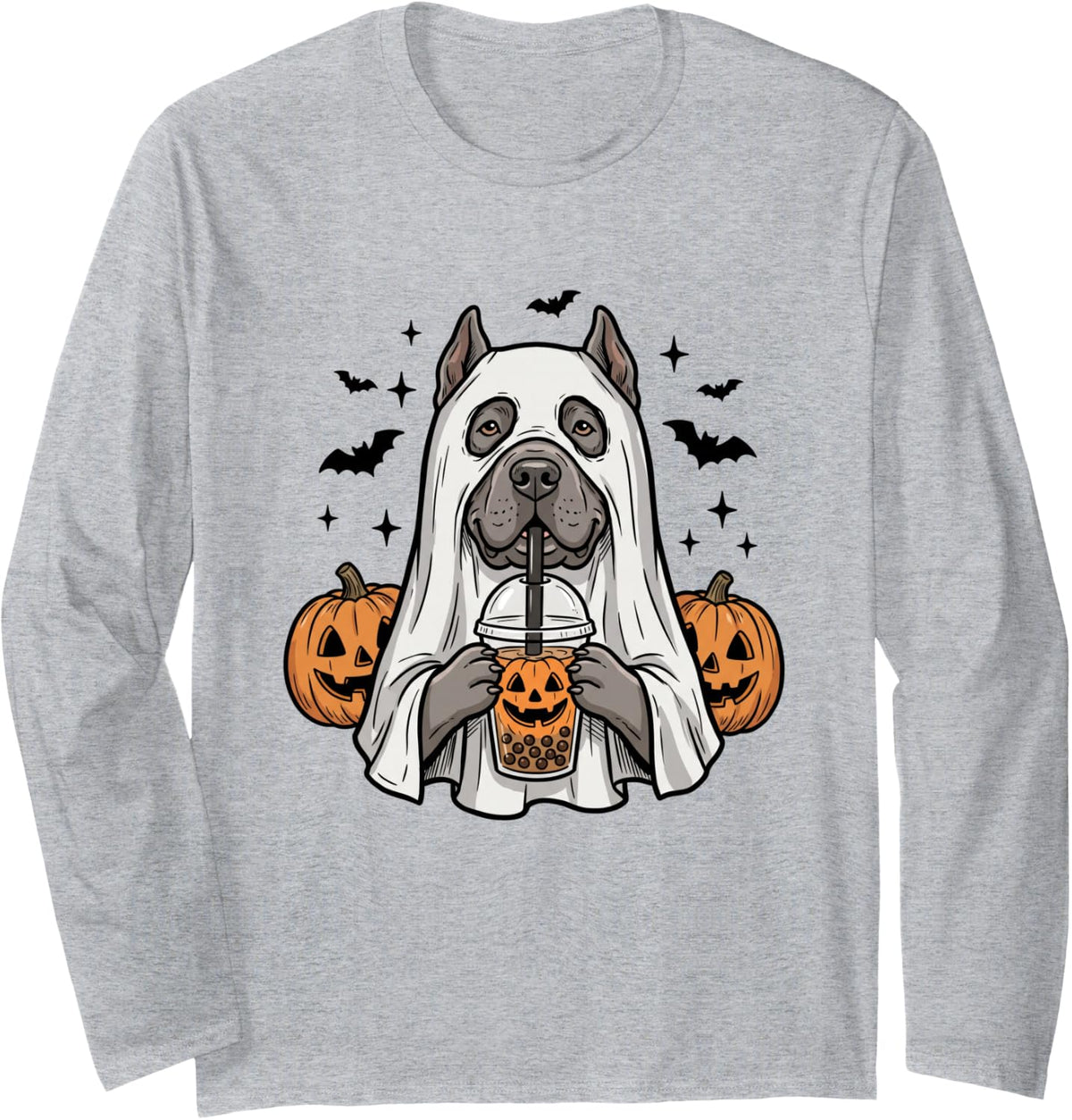 Cane Corso Ghost and Boba Cute Halloween Dog Humor Long Sleeve T-Shirt - Adult Unisex Heather Grey
