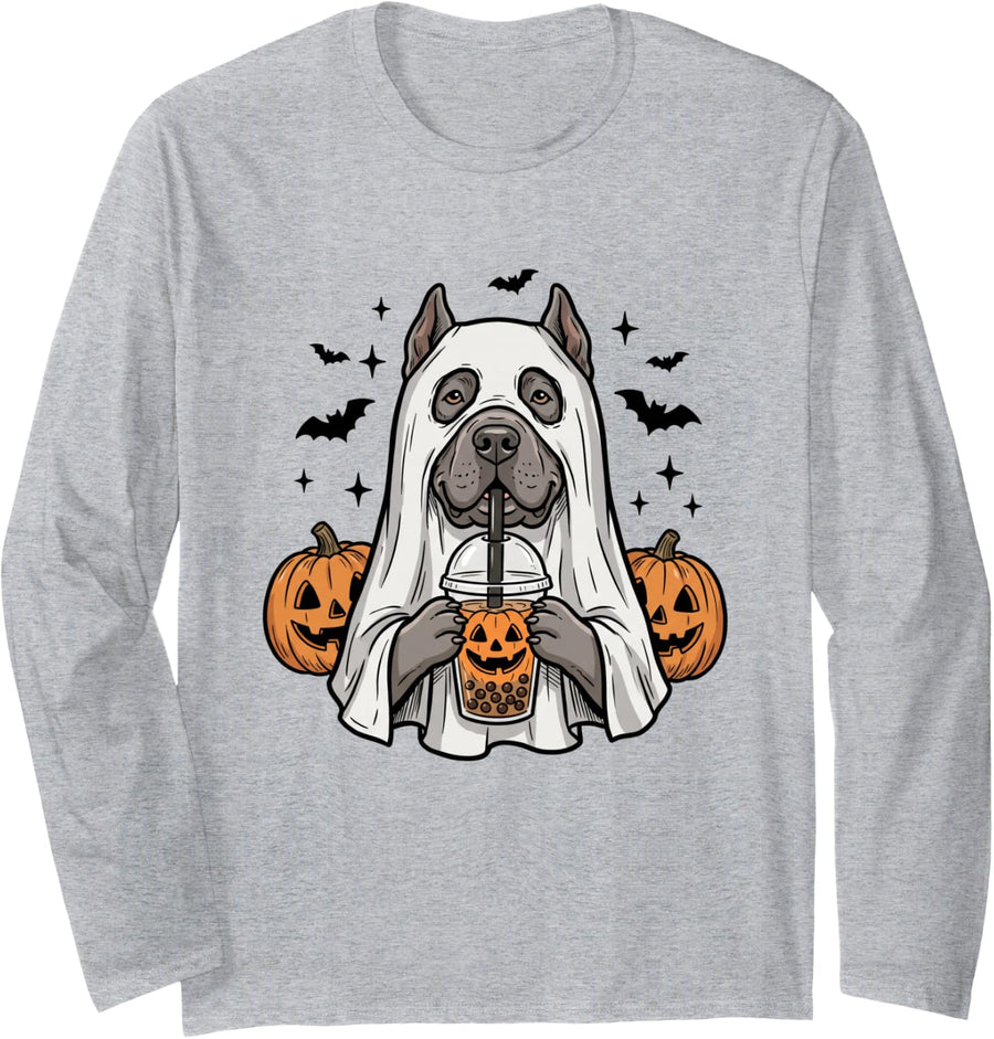 Cane Corso Ghost and Boba Cute Halloween Dog Humor Long Sleeve T-Shirt - Adult Unisex Heather Grey