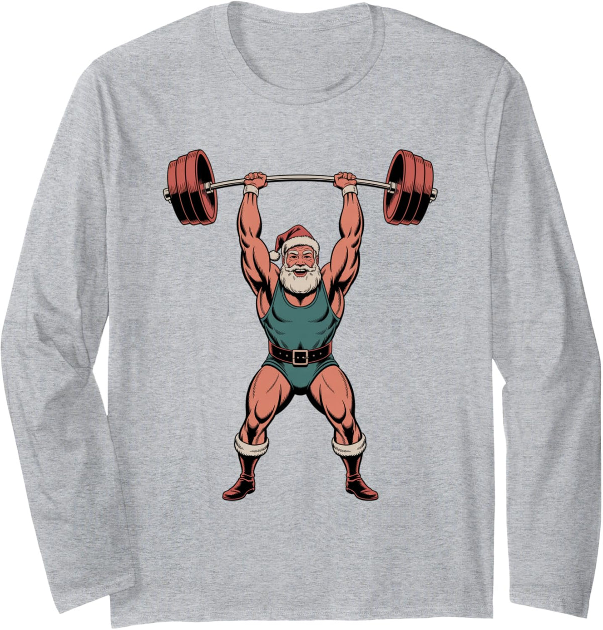 Retro Santa Weightlifting Player Funny Xmas Men Women Kids Long Sleeve T-Shirt - Adult Unisex Heather Grey
