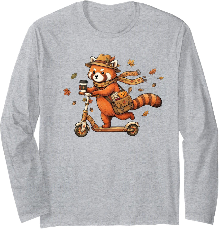 Funny Autumn Scooter Red Panda Thanksgiving Womens Mens Kids Long Sleeve T-Shirt - Adult Unisex Heather Grey