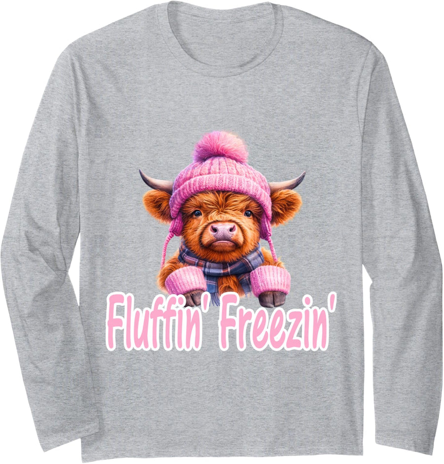 Fluffin' Freezin' Fluffy Funny Humor Highland Cows Scotland Long Sleeve T-Shirt - Adult Unisex Heather Grey