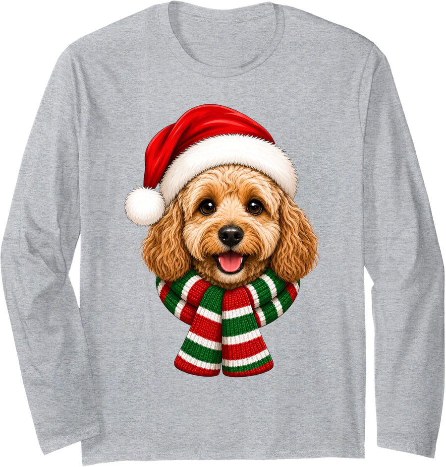 Cockapoo Dog Christmas Santa Hat Scarf Festive Xmas Long Sleeve T-Shirt - Adult Unisex Heather Grey