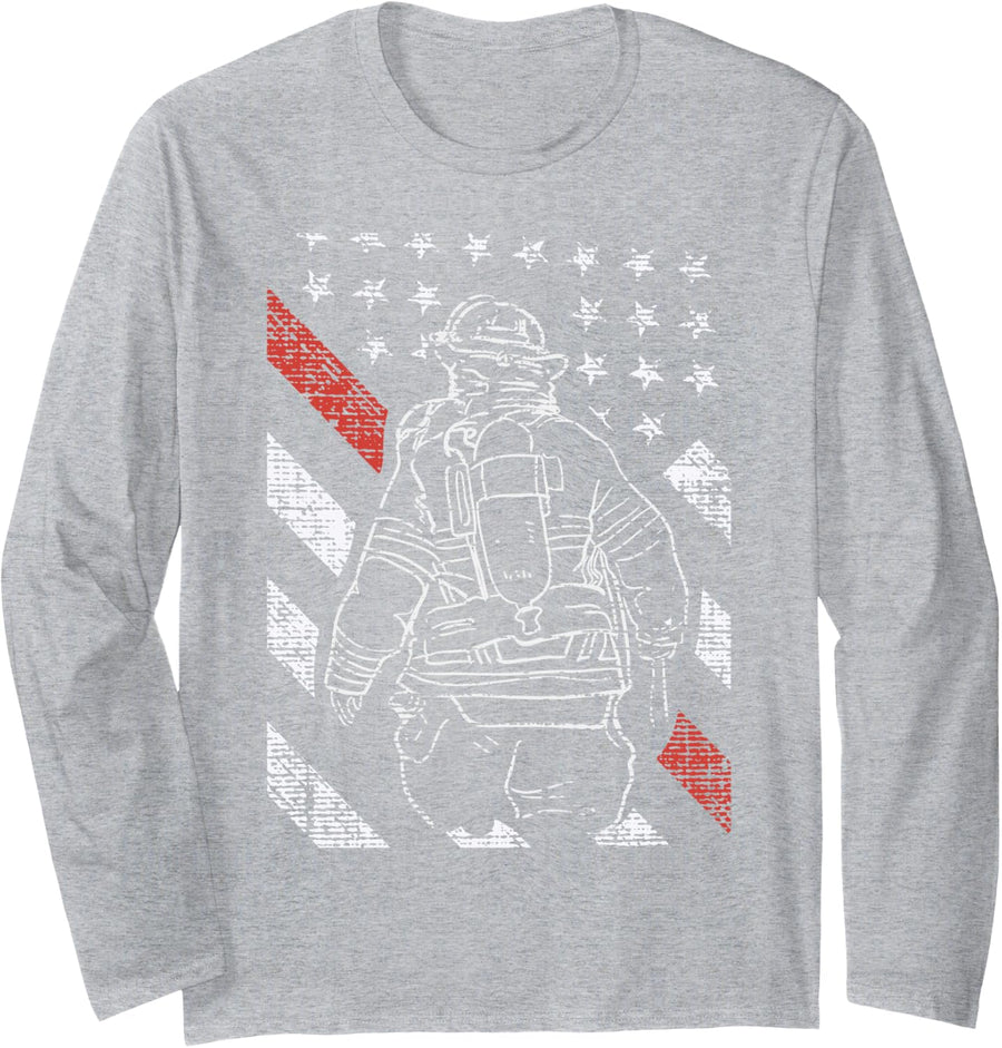 Firefighter Shirt Thin Red Line Flag Fireman Christmas Long Sleeve T-Shirt - Adult Unisex Heather Grey