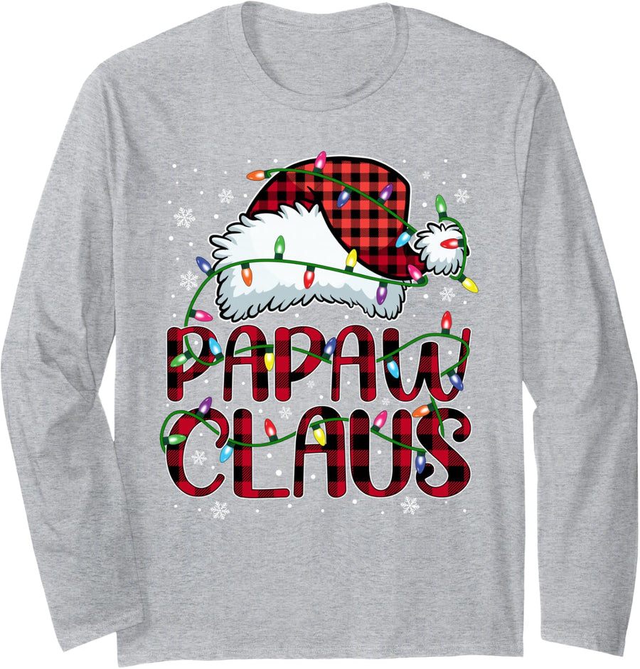 Merry Christmas Buffalo Plaid Red Santa Hat Papaw Claus Long Sleeve T-Shirt - Adult Unisex Heather Grey