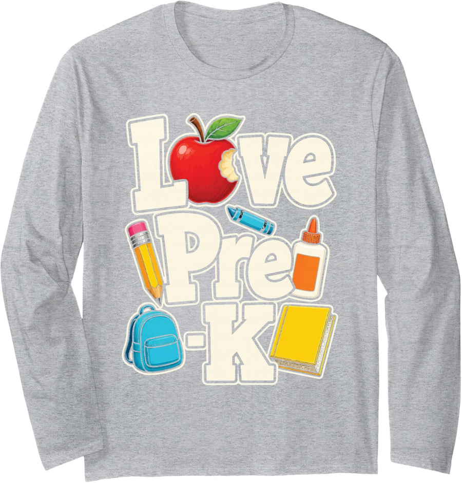 Preschool Teacher Love Pre-K Elementary School Crayons Long Sleeve T-Shirt - Adult Unisex Heather Grey