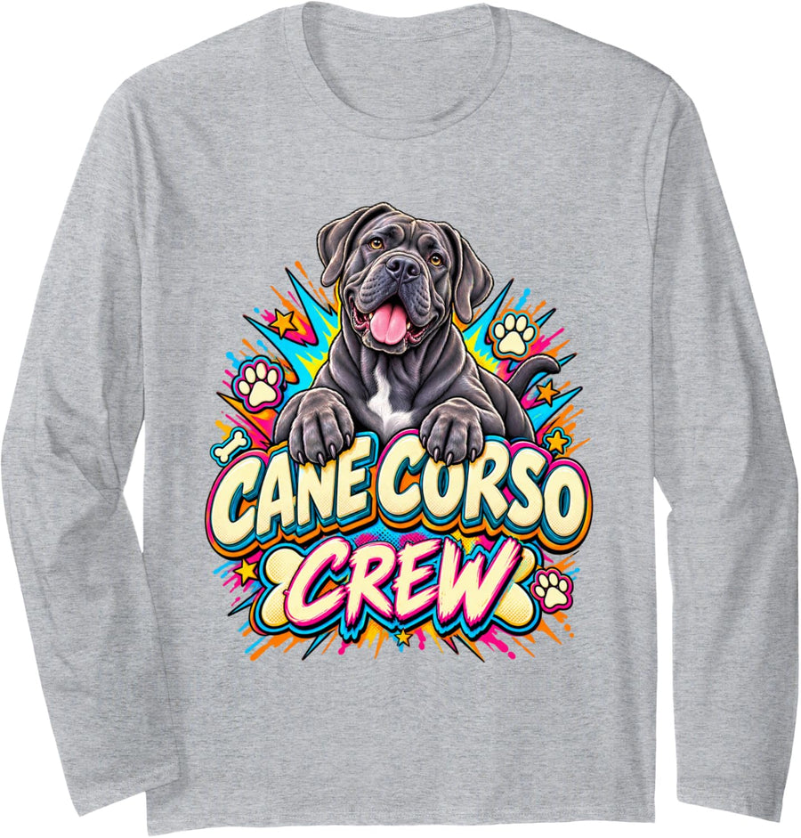 Cane Corso Crew Cartoon Comic Dog Lover Graphic Long Sleeve T-Shirt - Adult Unisex Heather Grey