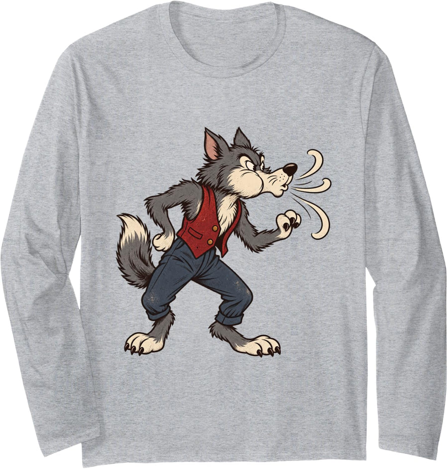 Huffing Big Bad Wolf Halloween Costume Long Sleeve T-Shirt - Adult Unisex Heather Grey