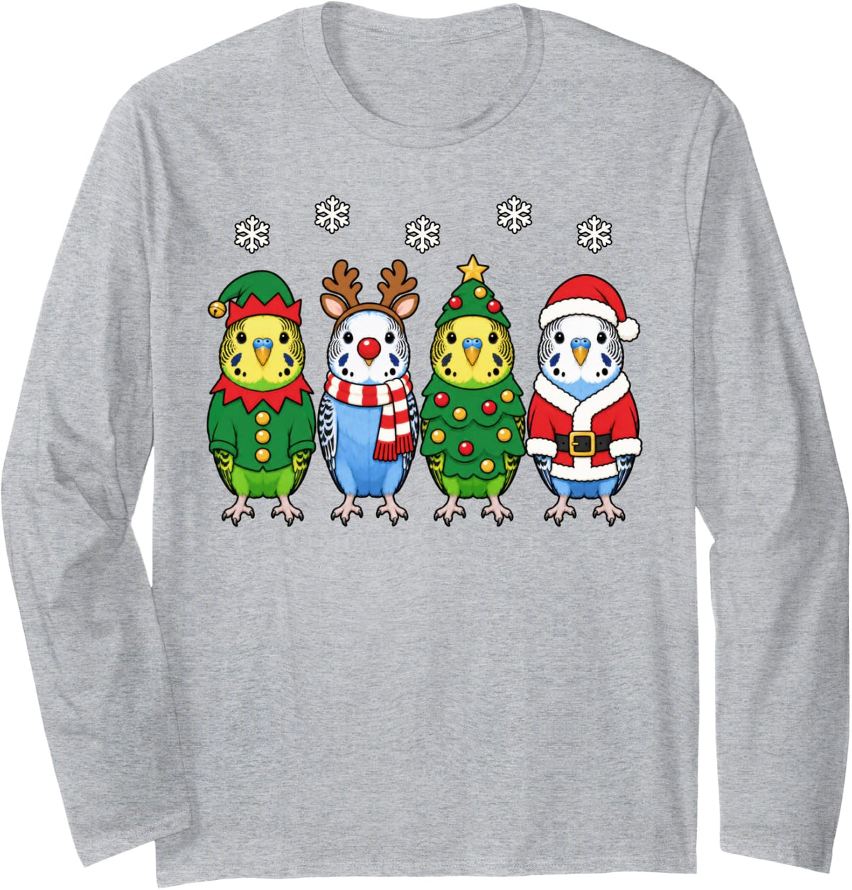 Budgie Bird Christmas Reindeer Santa Budgerigar Long Sleeve T-Shirt - Adult Unisex Heather Grey