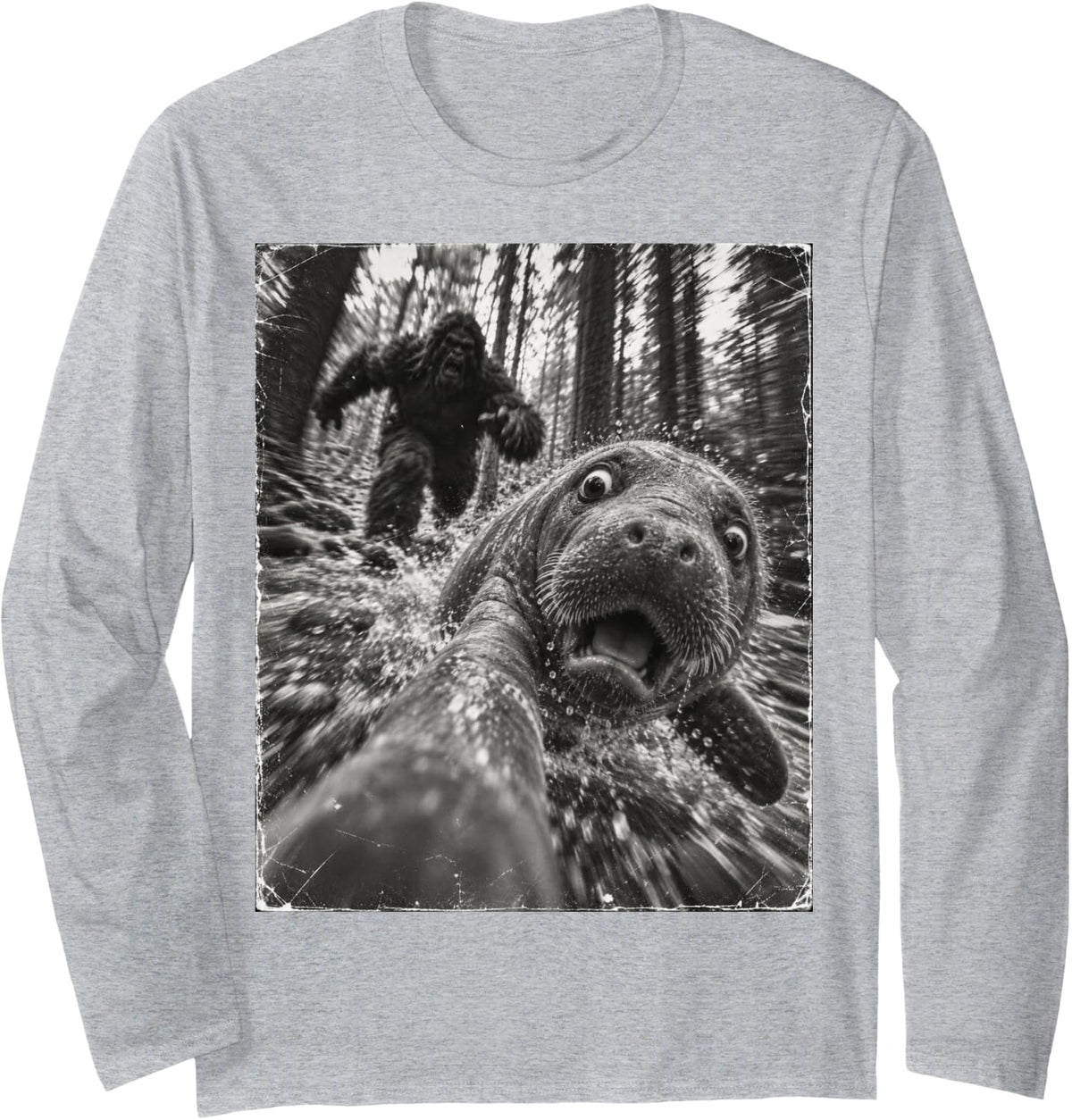 Vintage Bigfoot Running After Manatee Selfie Animal Long Sleeve T-Shirt - Adult Unisex Heather Grey