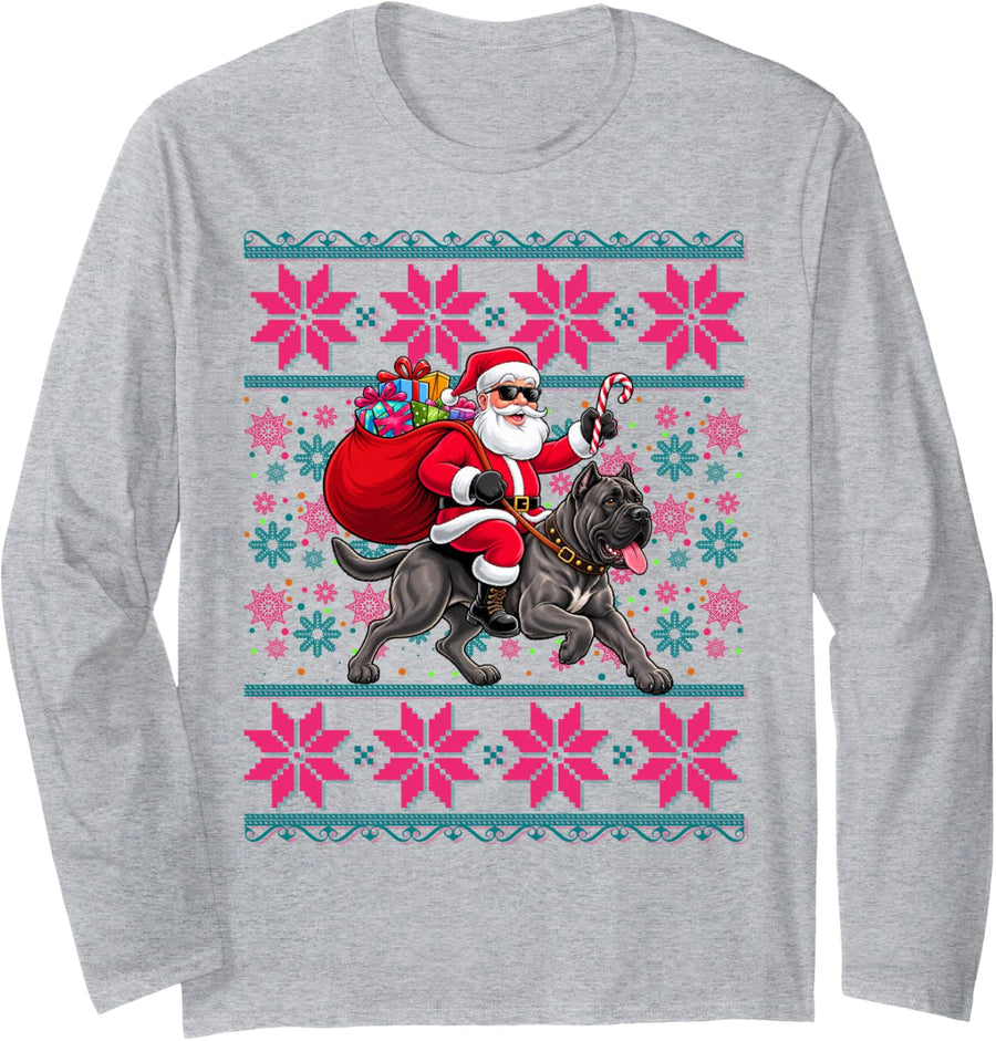 Ugly Christmas Women Girls Santa Riding Cane Corso Dog Xmas Long Sleeve T-Shirt - Adult Unisex Heather Grey