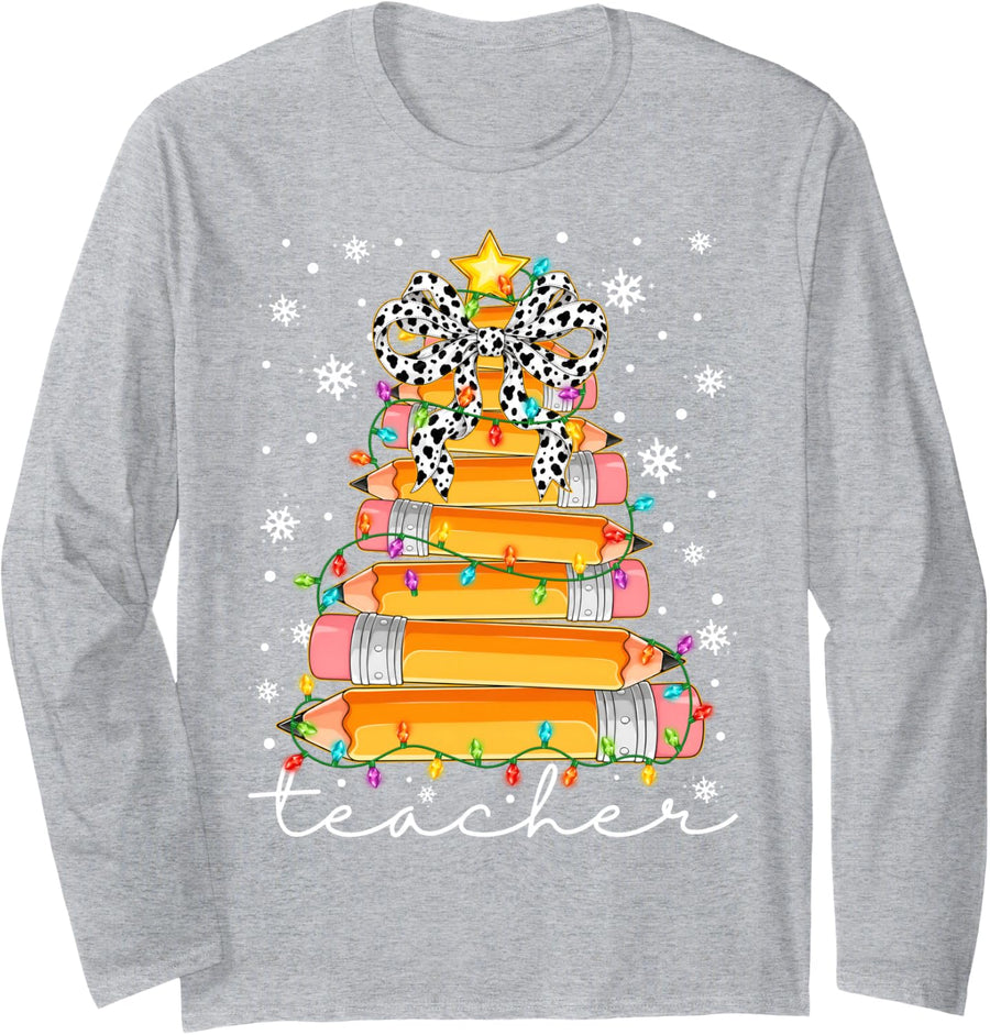 Teacher Pencil Christmas Tree Coquette Bow Women Xmas PJS Long Sleeve T-Shirt - Adult Unisex Heather Grey