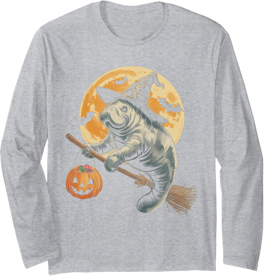 Manatee Witch Hat Pumpkin Halloween Costume Men Women Kids Long Sleeve T-Shirt - Adult Unisex Heather Grey