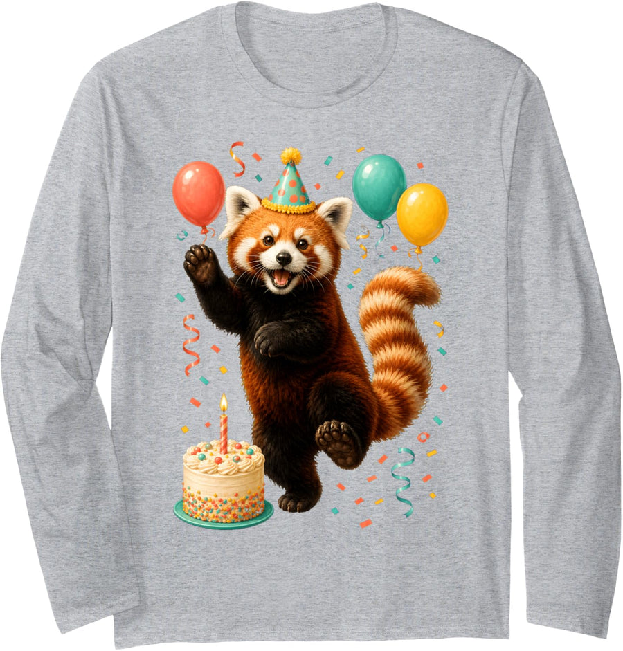 Red Panda Birthday Party Cute Animal Lover Funny Zoo Long Sleeve T-Shirt - Adult Unisex Heather Grey