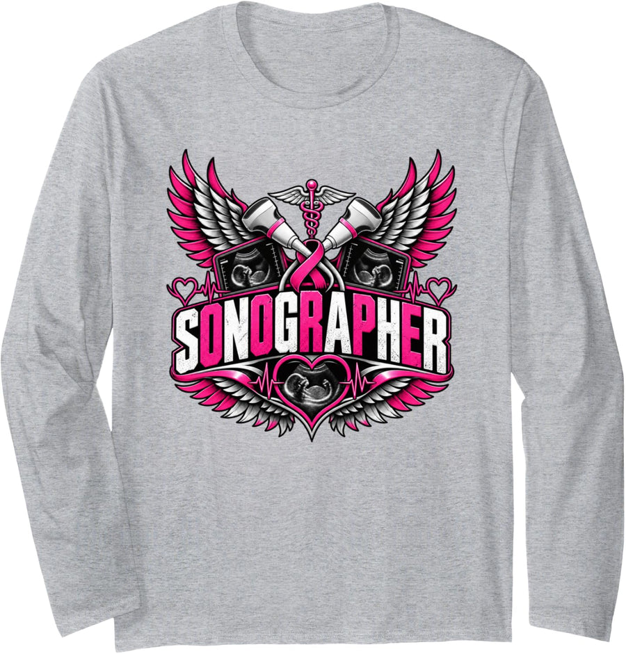 Sonographer Ultrasound Tech Pink Wings Workday Style Long Sleeve T-Shirt - Adult Unisex Heather Grey