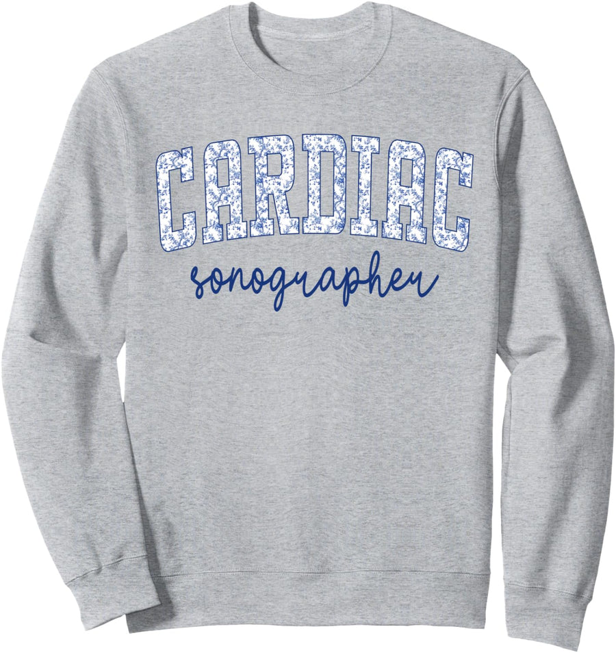 Cute Cardiac Sonographer Varsity Blue Floral Echo Tech Staff Sweatshirt - Adult Unisex Heather Grey