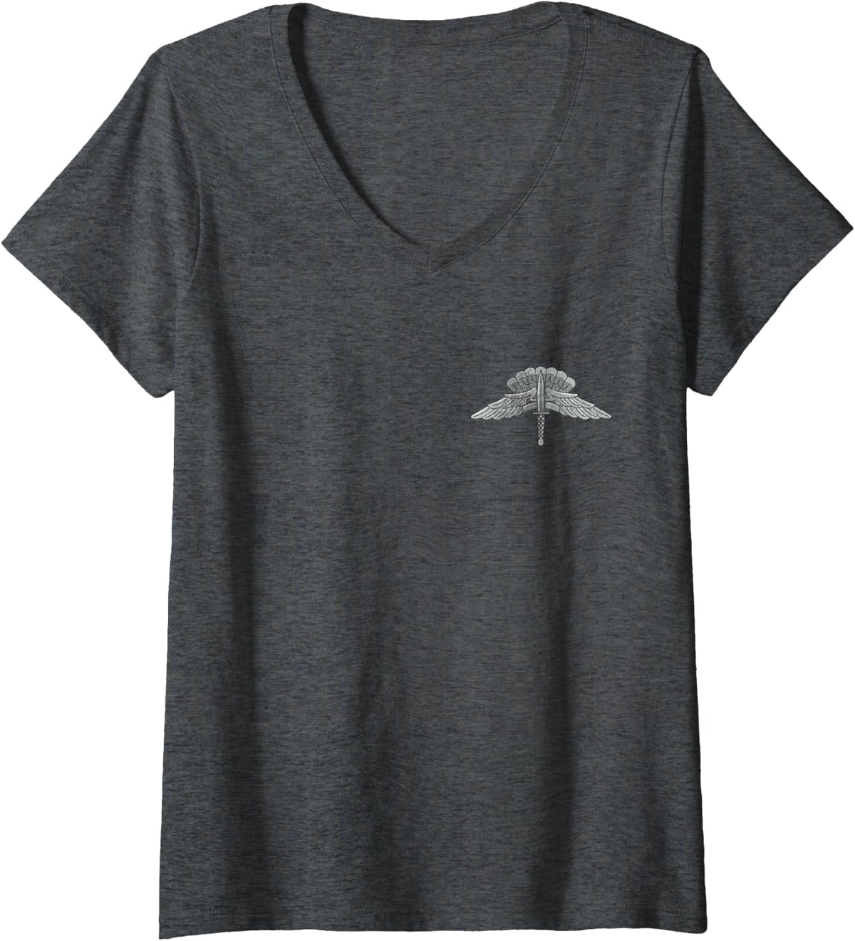 Women's Military Freefall Parachutist Badge Distressed Logo Veteran V-Neck T-Shirt - Dark Heather Grey