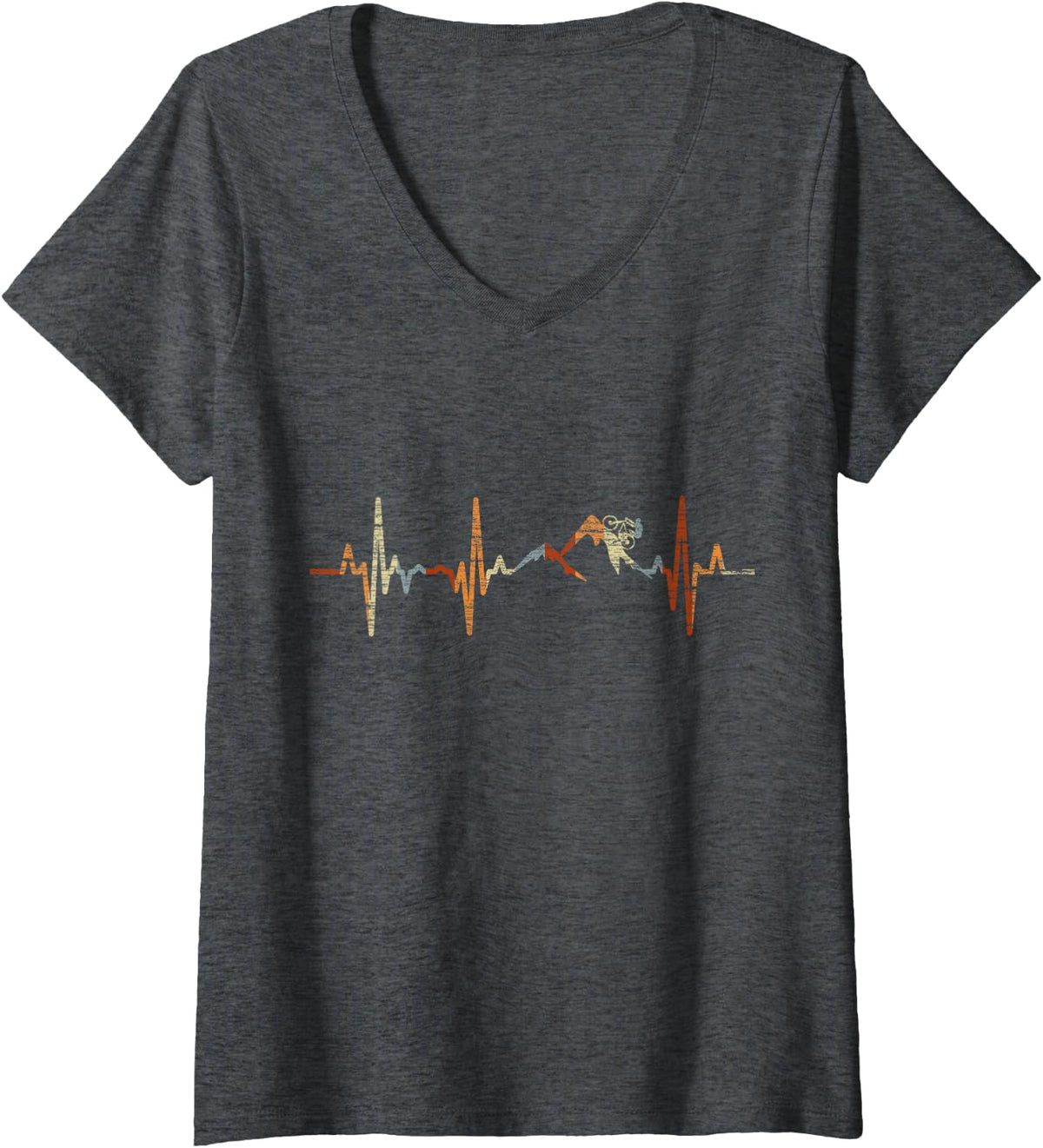 Women's Mountain Biker Heartbeat Vintage ECG Cardiogram Retro V-Neck T-Shirt - Dark Heather Grey