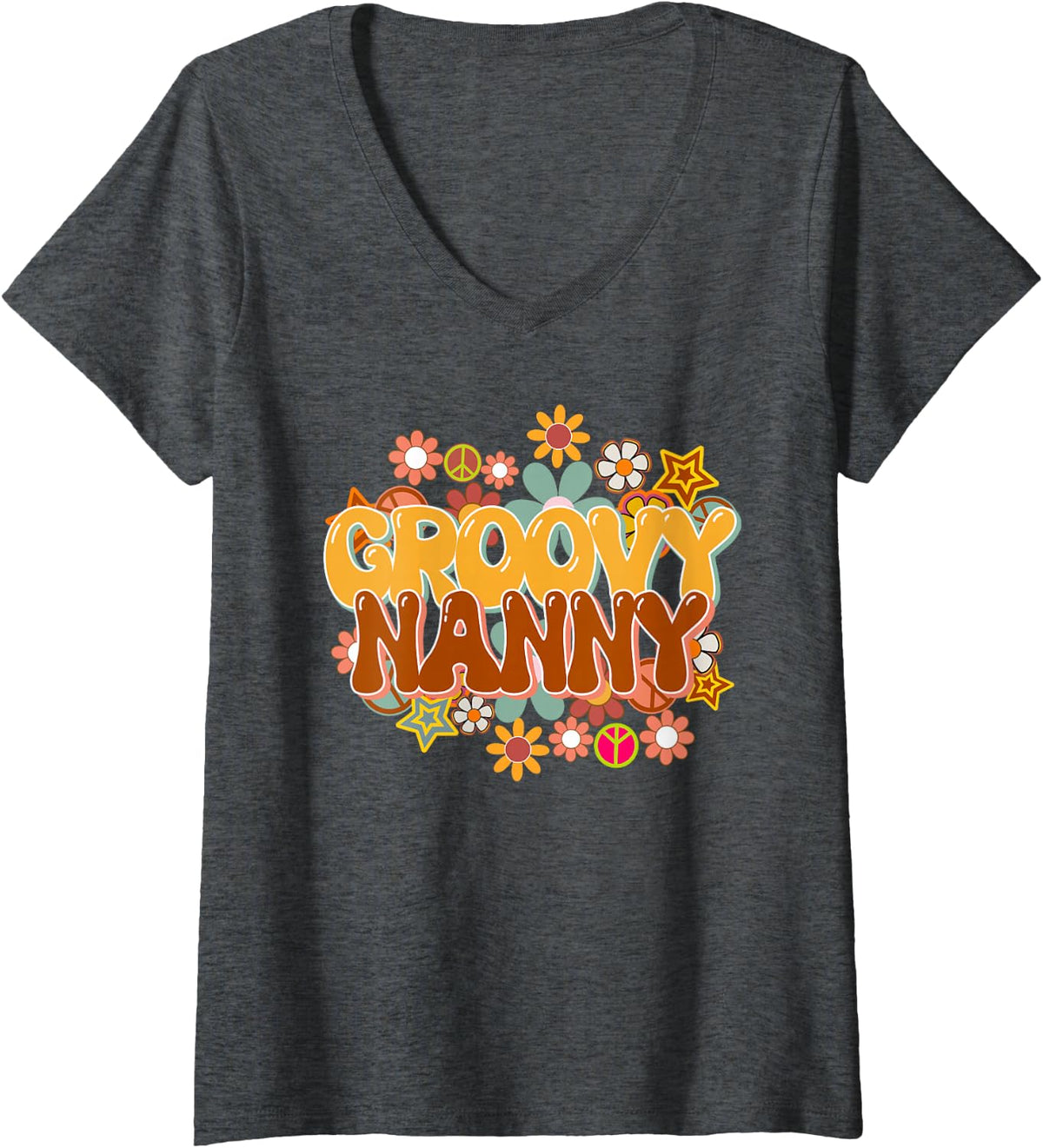 Women's Groovy Nanny Retro 60s 70s Hippie Family Best Nanny Ever V-Neck T-Shirt - Dark Heather Grey