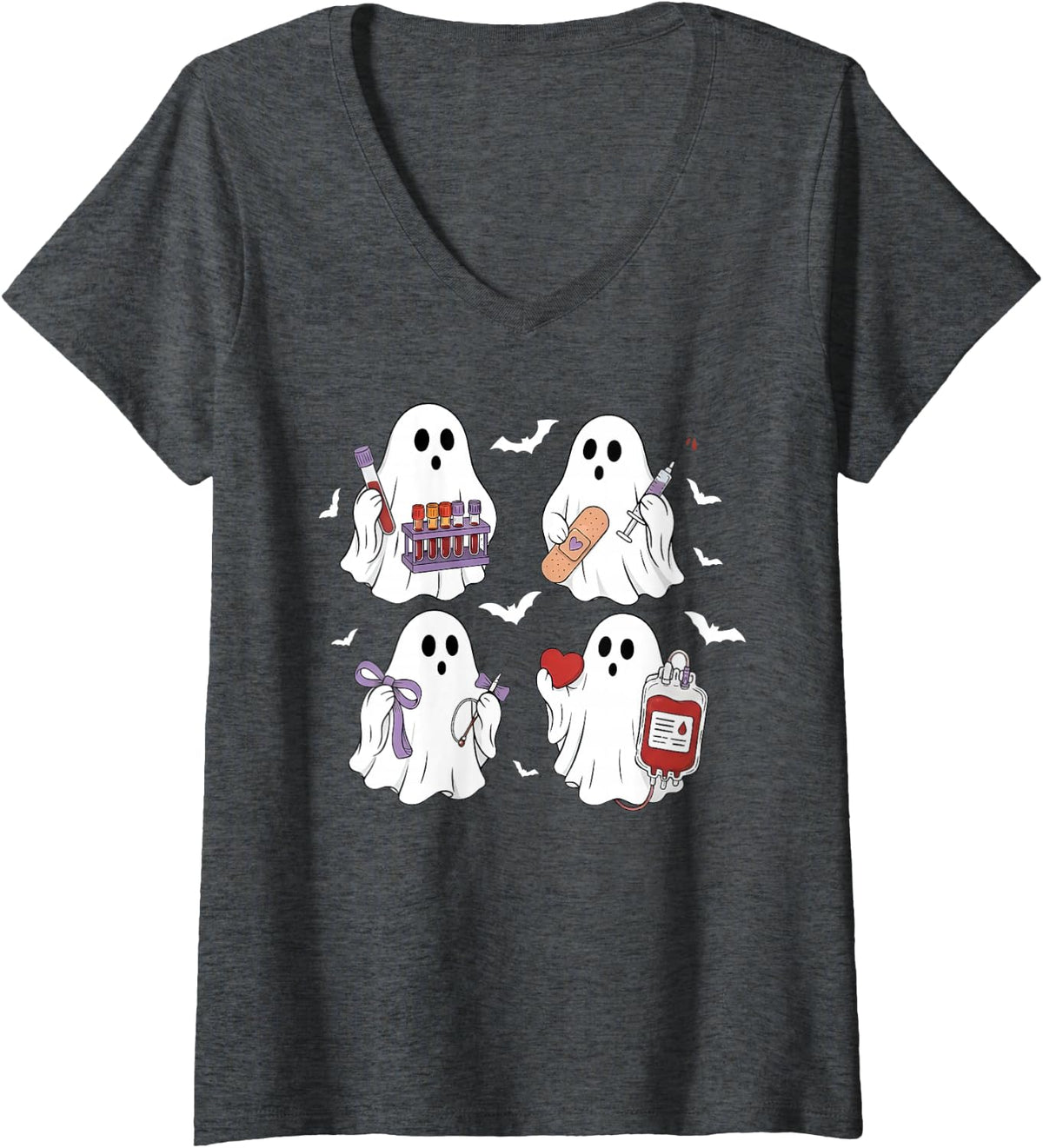 Women's Phlebotomy Laboratory Funny Ghost Phlebotomist Halloween V-Neck T-Shirt - Dark Heather Grey