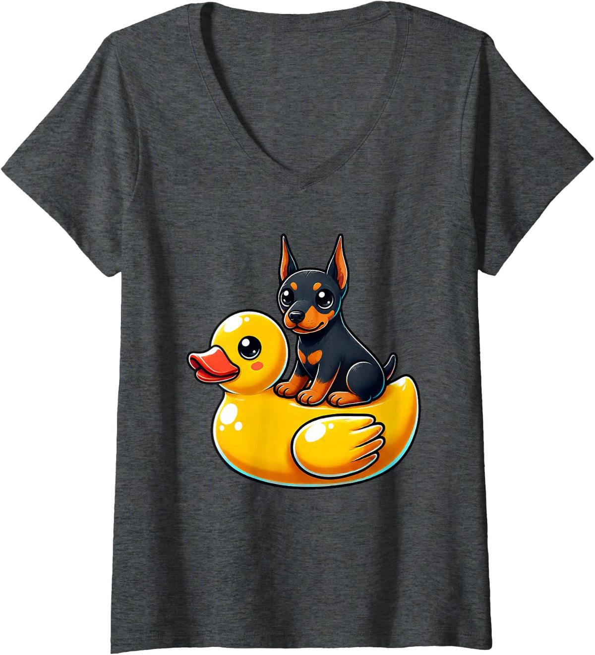 Women's Cute Doberman Dog Rubber Duck V-Neck T-Shirt - Dark Heather Grey