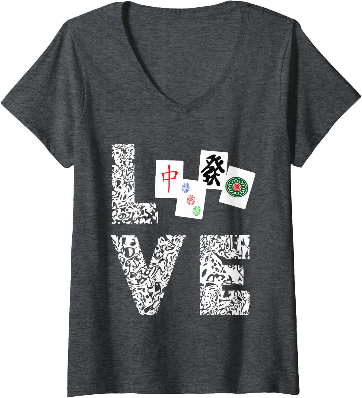 Womens Mahjong Love Playing Chinese Game Mah Jongg Player V-Neck T-Shirt - Dark Heather Grey