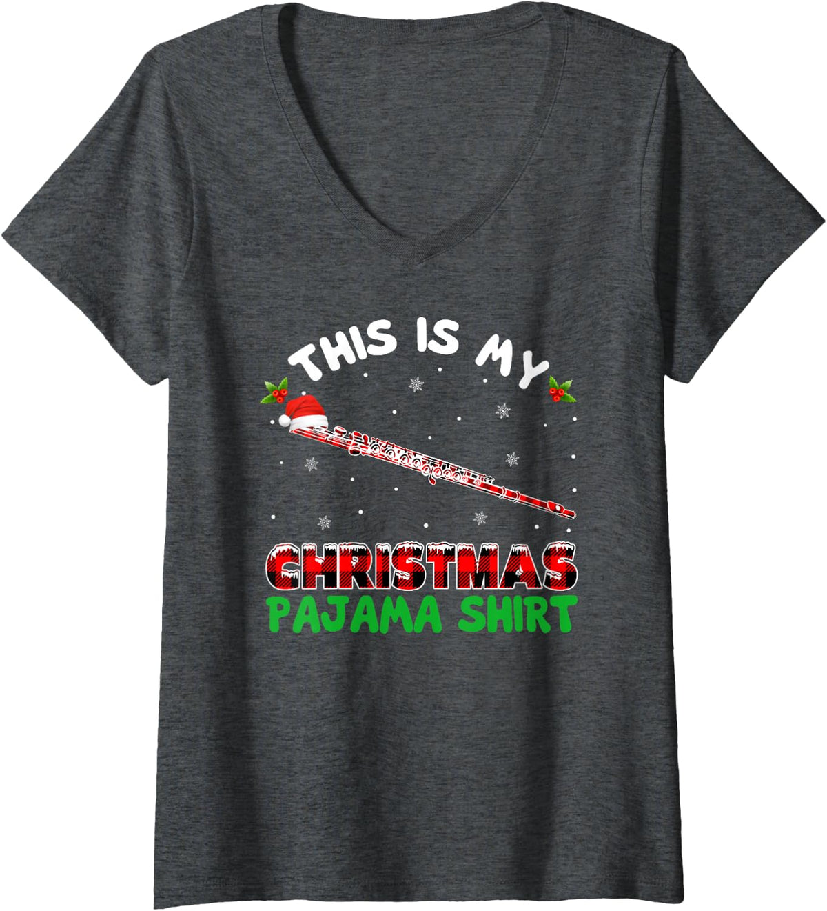 Women's Cute Flute Player Red Plaid Tee This is My Christmas Pajama V-Neck T-Shirt - Dark Heather Grey