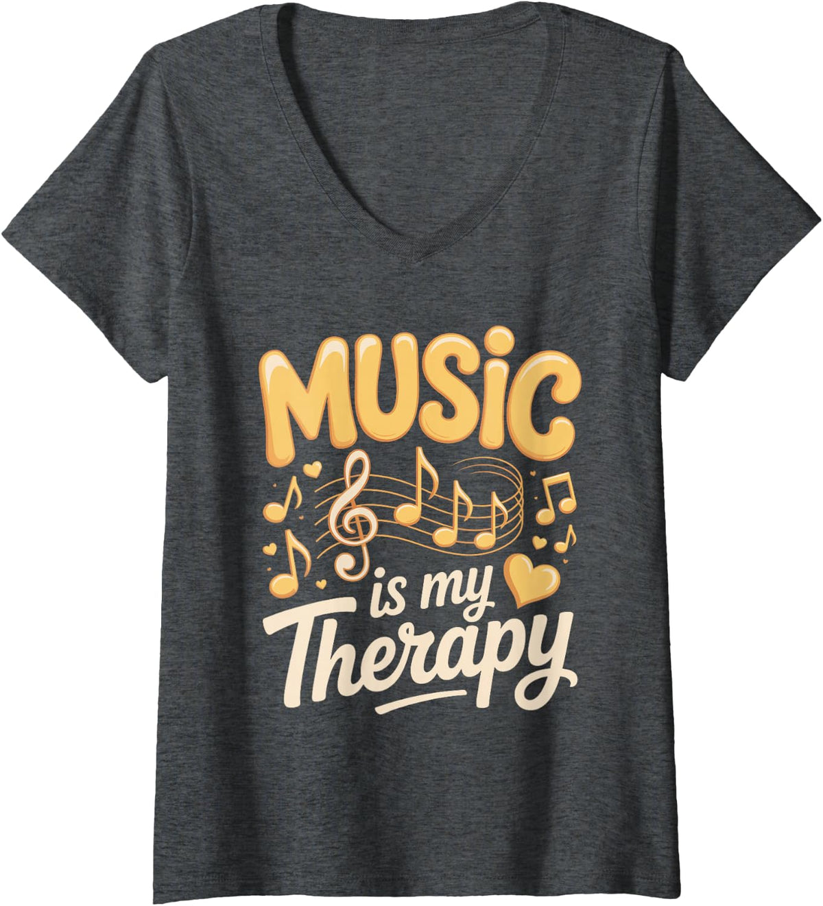 Women's Music is My Therapy Flute Flutist Band V-Neck T-Shirt - Dark Heather Grey