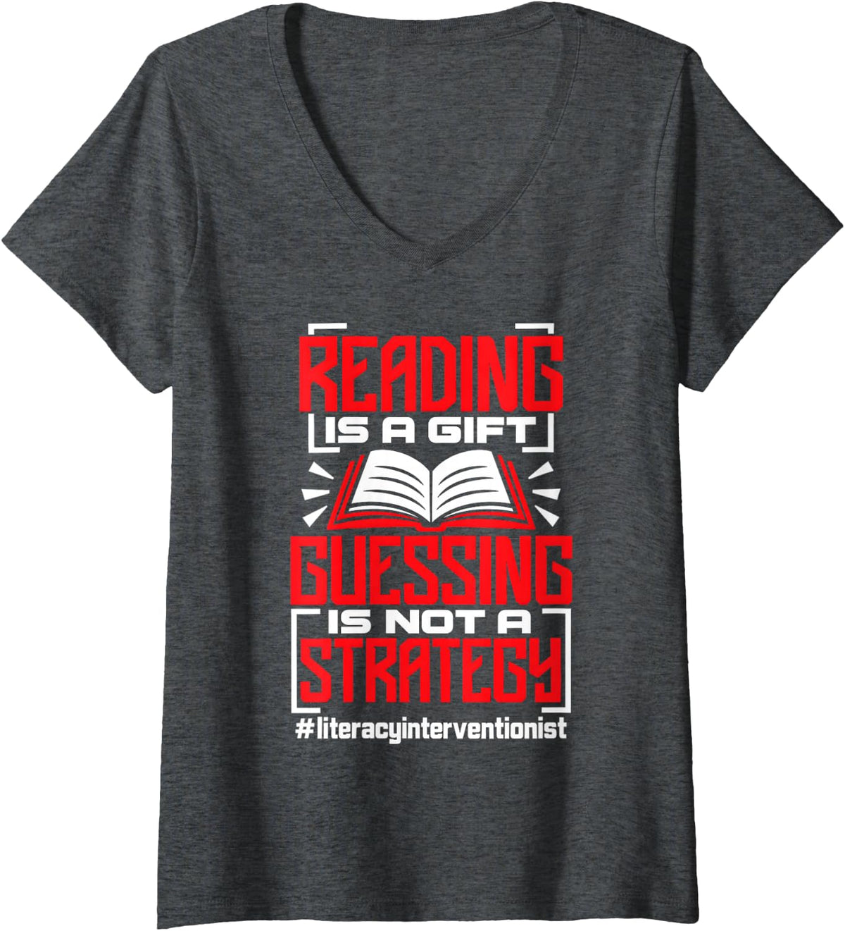 Women's Literacy Interventionist Guessing is Not A Strategy Book V-Neck T-Shirt - Dark Heather Grey