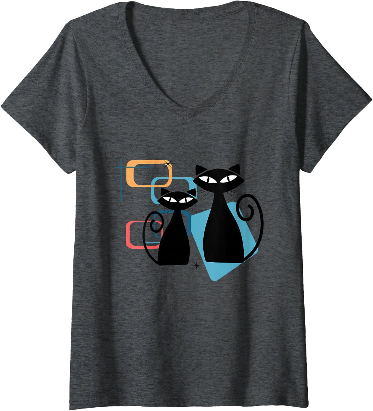 Women's Retro Atomic Age Mid-Century Twin Cat Vintage Modern Design V-Neck T-Shirt - Dark Heather Grey