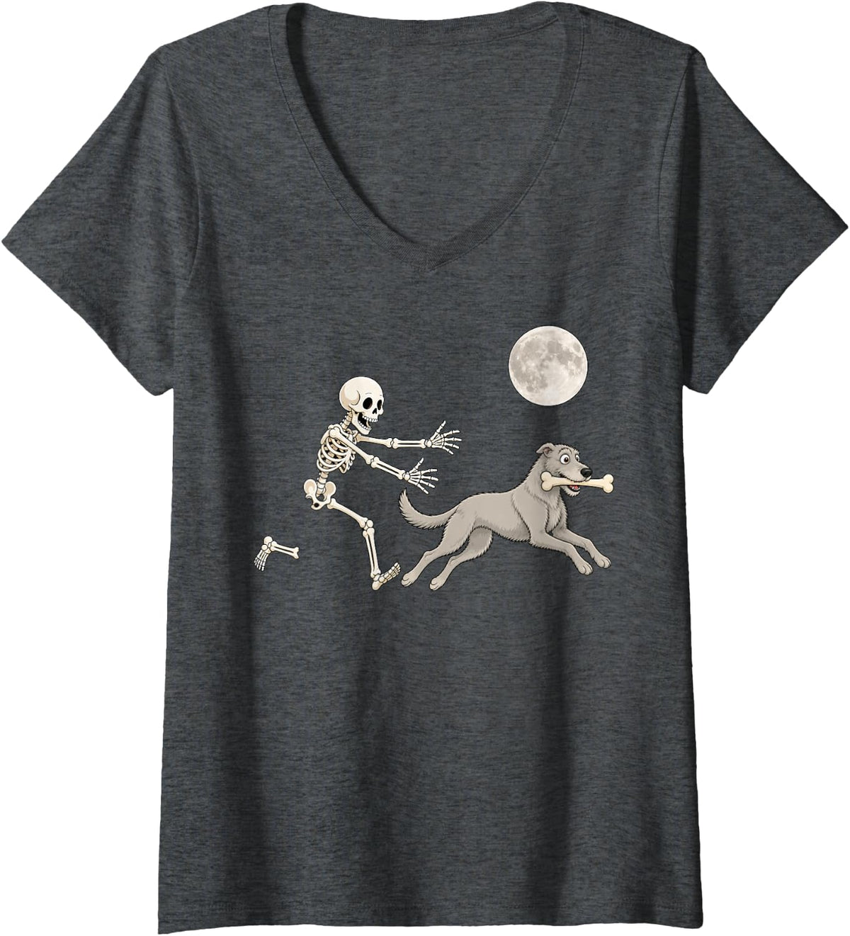 Women's Irish Wolfhound Running Skeleton Retro Halloween Dog V-Neck T-Shirt - Dark Heather Grey