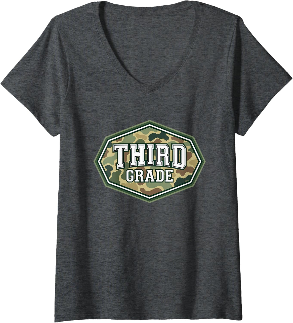 Women's Third Grade Camouflage Back to School Student Kids V-Neck T-Shirt - Dark Heather Grey