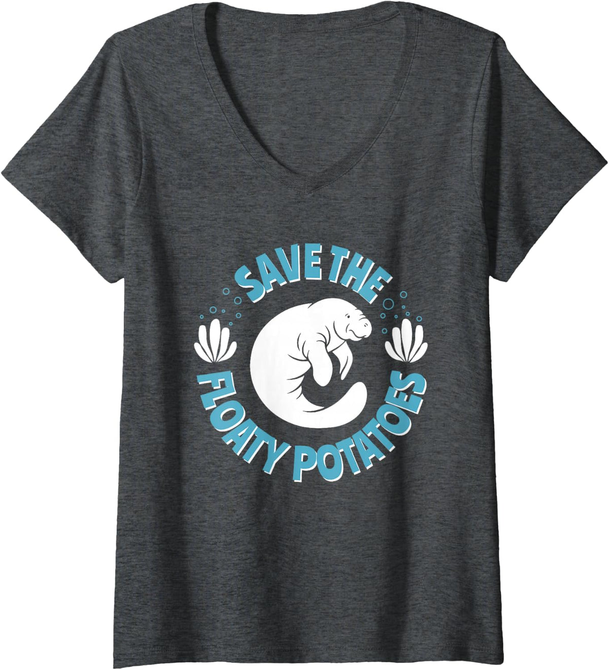 Women's Save The Floaty Potatoes - Manatee V-Neck T-Shirt - Dark Heather Grey