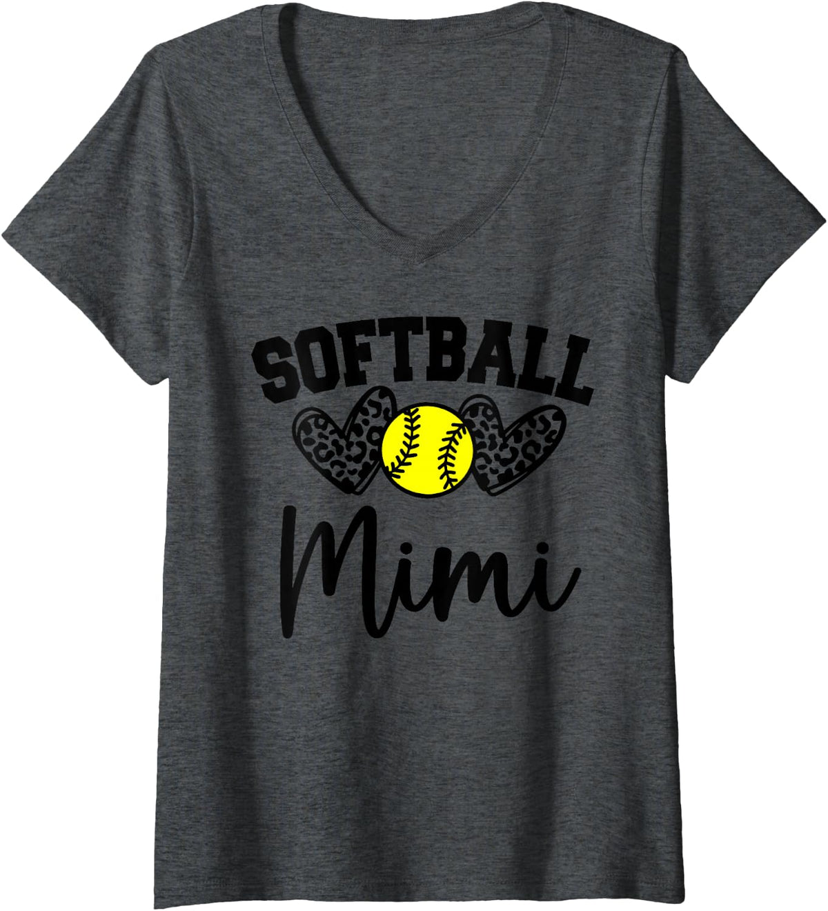 Womens Personalized Softball Heart Tee Cute Mimi Women Softball V-Neck T-Shirt - Dark Heather Grey