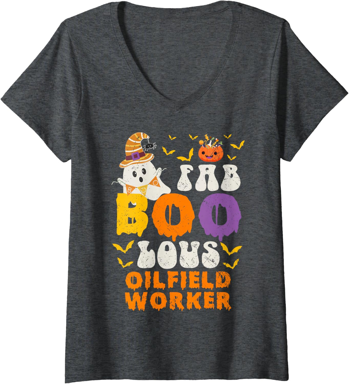Women's Faboolous Oilfield Worker Ghost Halloween Fun V-Neck T-Shirt - Dark Heather Grey