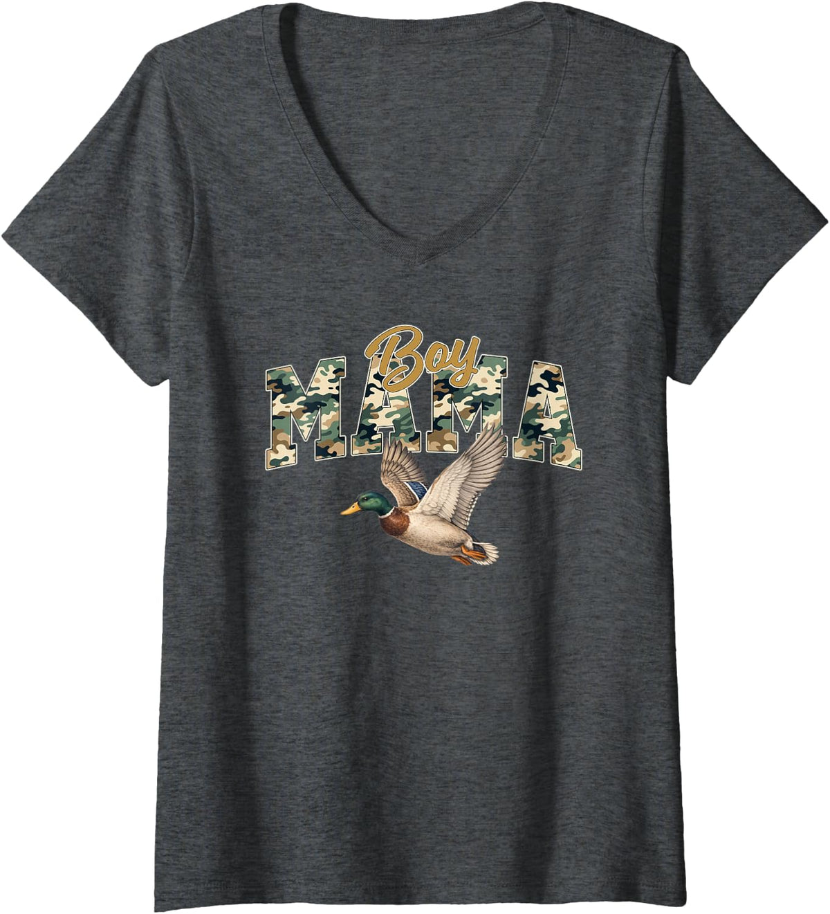 Women's Boy Mama Duck Hunting Camo Family Outdoor Gifts Mother V-Neck T-Shirt - Dark Heather Grey