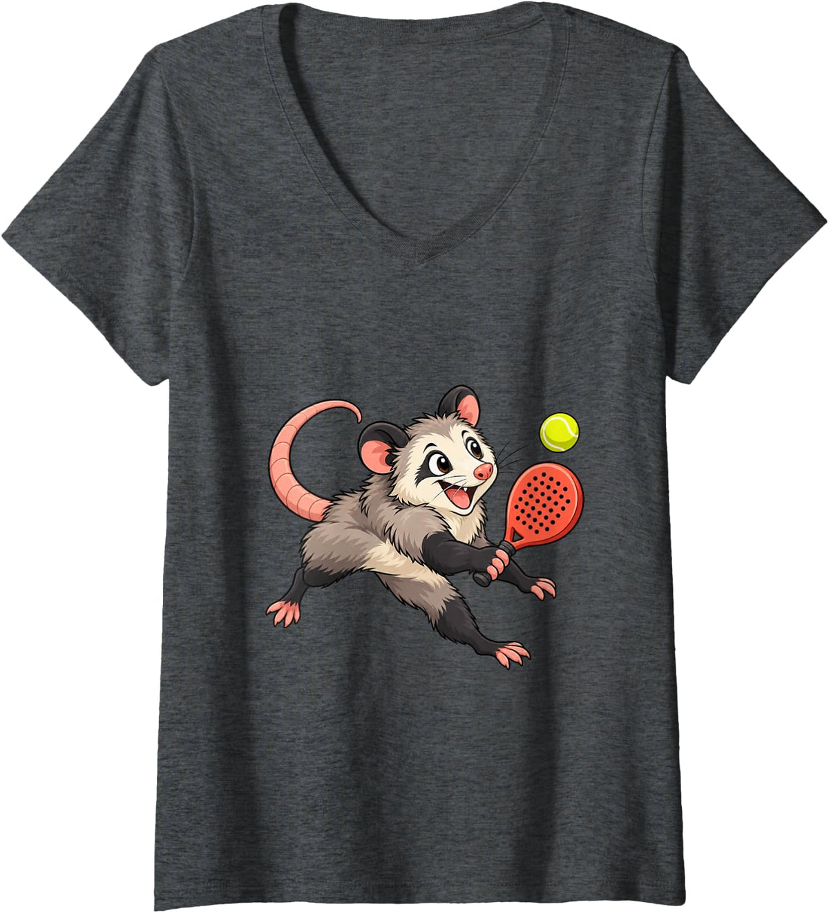 Women's Opossum Padel Tennis Cartoon Animal V-Neck T-Shirt - Dark Heather Grey