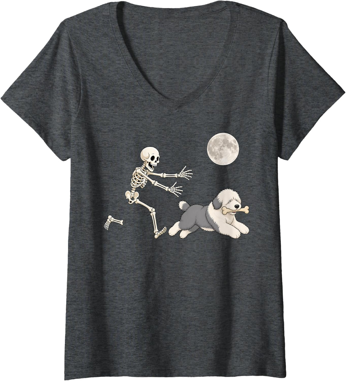Women's Old English Sheepdog Running Skeleton Retro Halloween Dog V-Neck T-Shirt - Dark Heather Grey