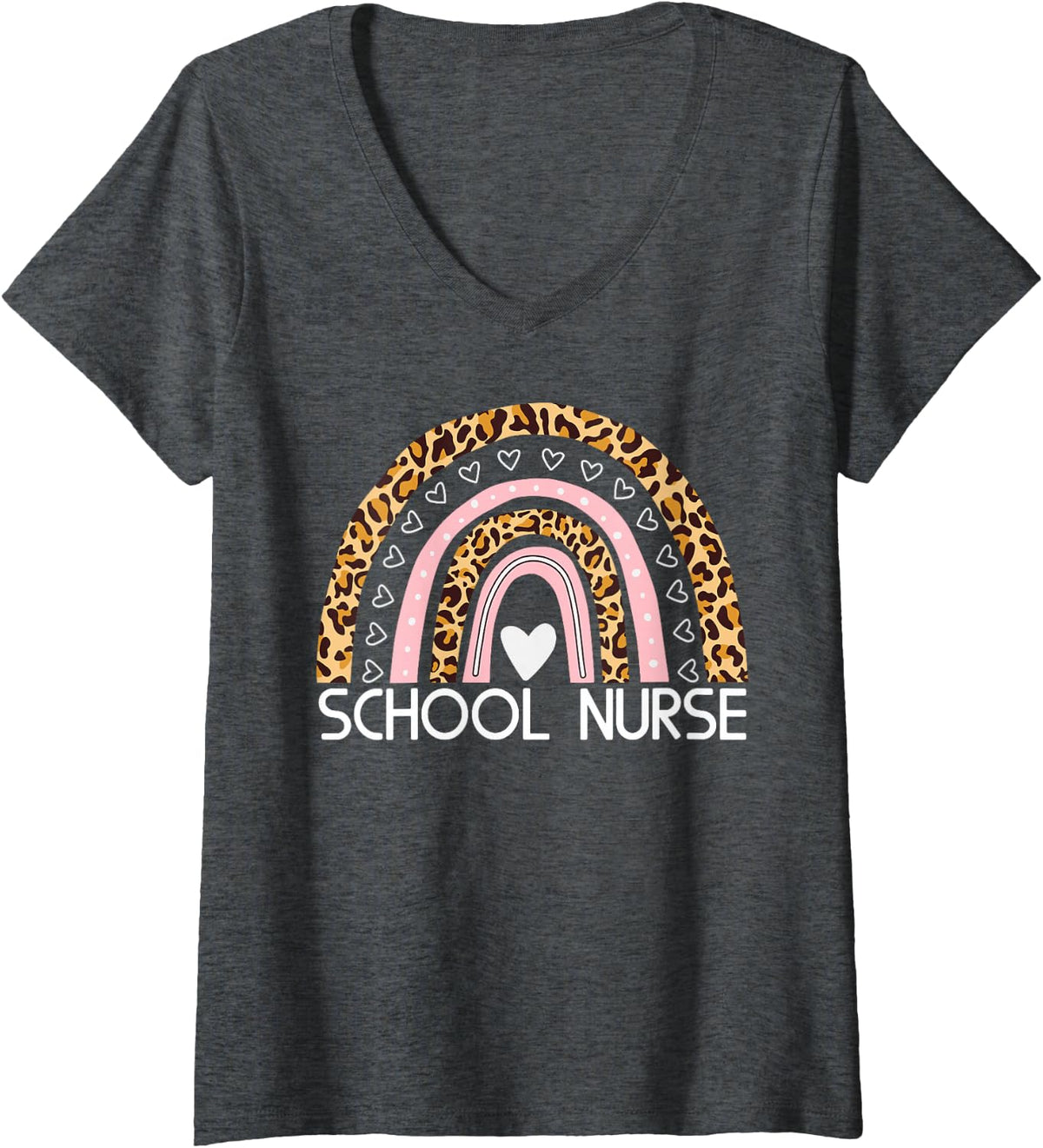 Womens Cute Rainbow Leopard Print School Nurse Appreciation nursing V-Neck T-Shirt - Dark Heather Grey