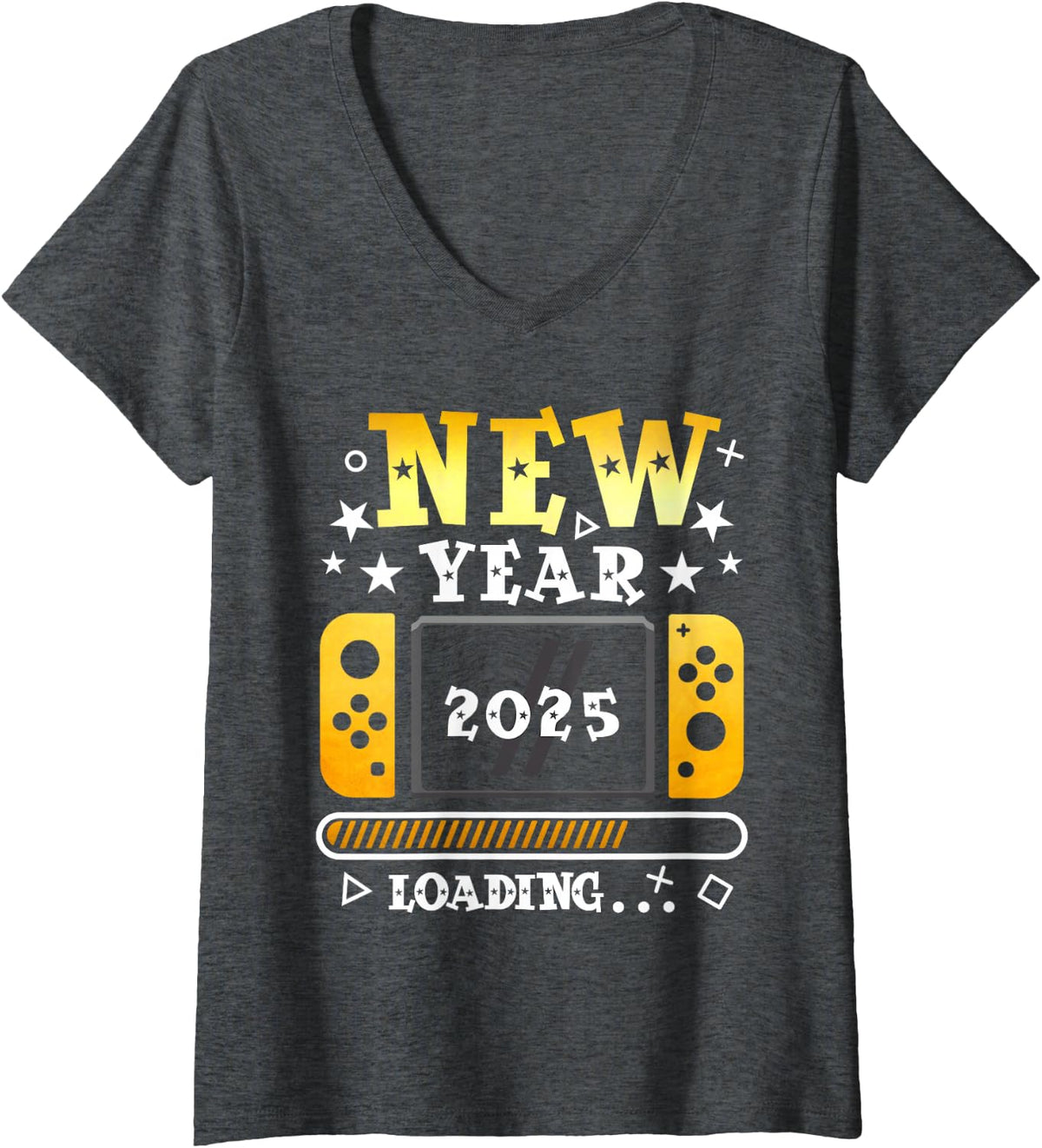 Women's New Year 2025 Loading Gaming Controller New Years Eve Party V-Neck T-Shirt - Dark Heather Grey