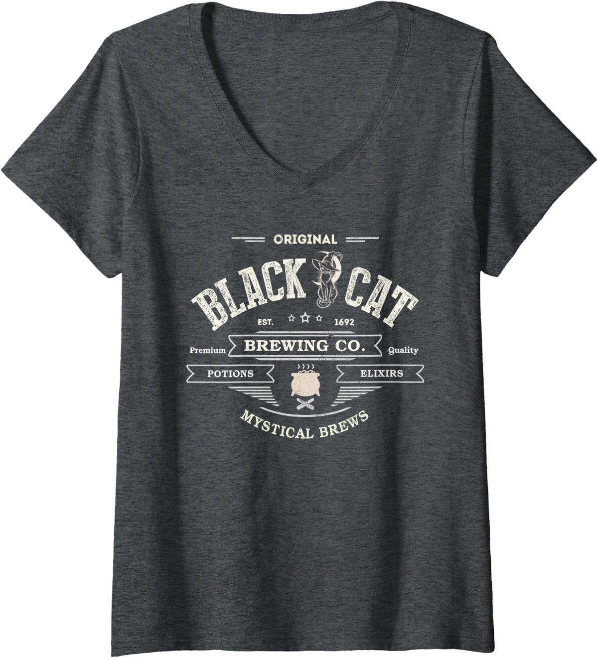 Womens Sarcastic Black CAT Witch Brewing CO Potions Coffee Company V-Neck T-Shirt - Dark Heather Grey