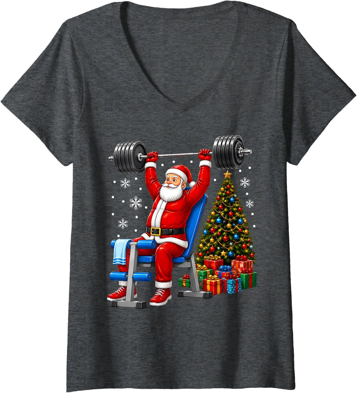 Women's Fitness Gym Workout Weightlifting Santa Christmas V-Neck T-Shirt - Dark Heather Grey
