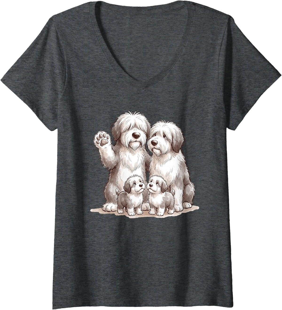 Women's Cute Funny Bobtail Dogs Family Old English Sheepdog V-Neck T-Shirt - Dark Heather Grey