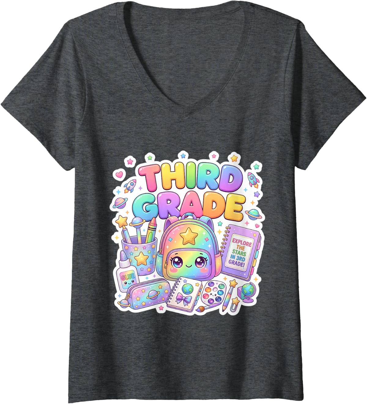 Women's Cute Backpack 3rd Third Grade Back to School Girl Teacher V-Neck T-Shirt - Dark Heather Grey