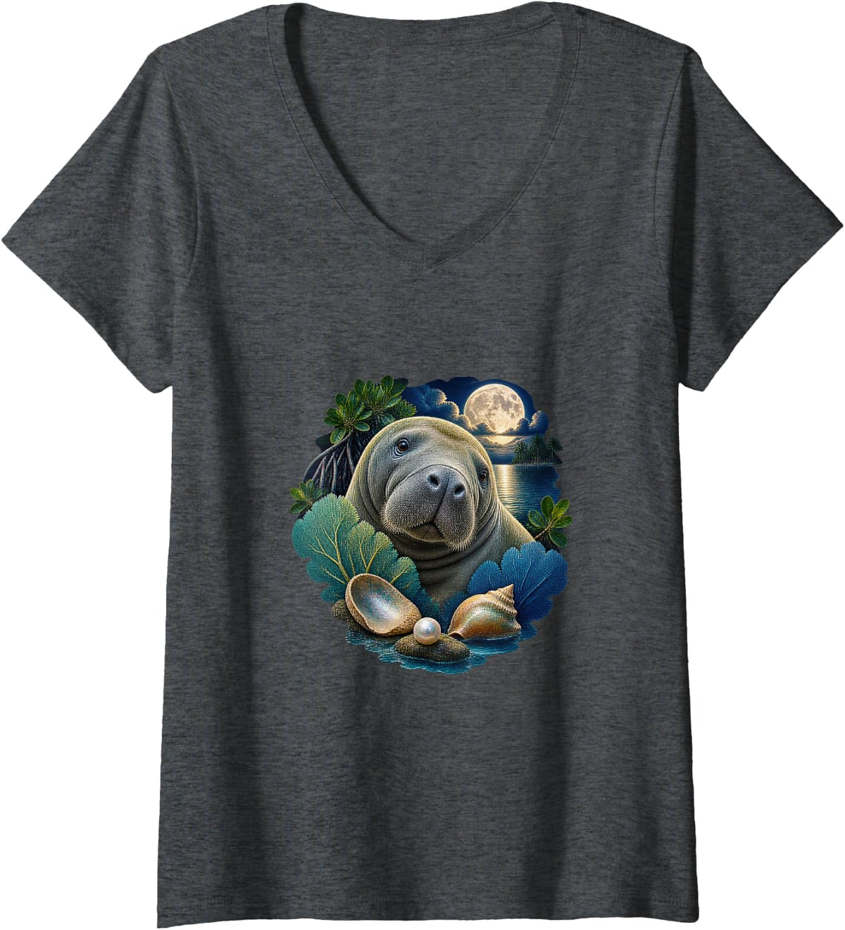 Women's Manatee at Moonlit Pearl Bay V-Neck T-Shirt - Dark Heather Grey