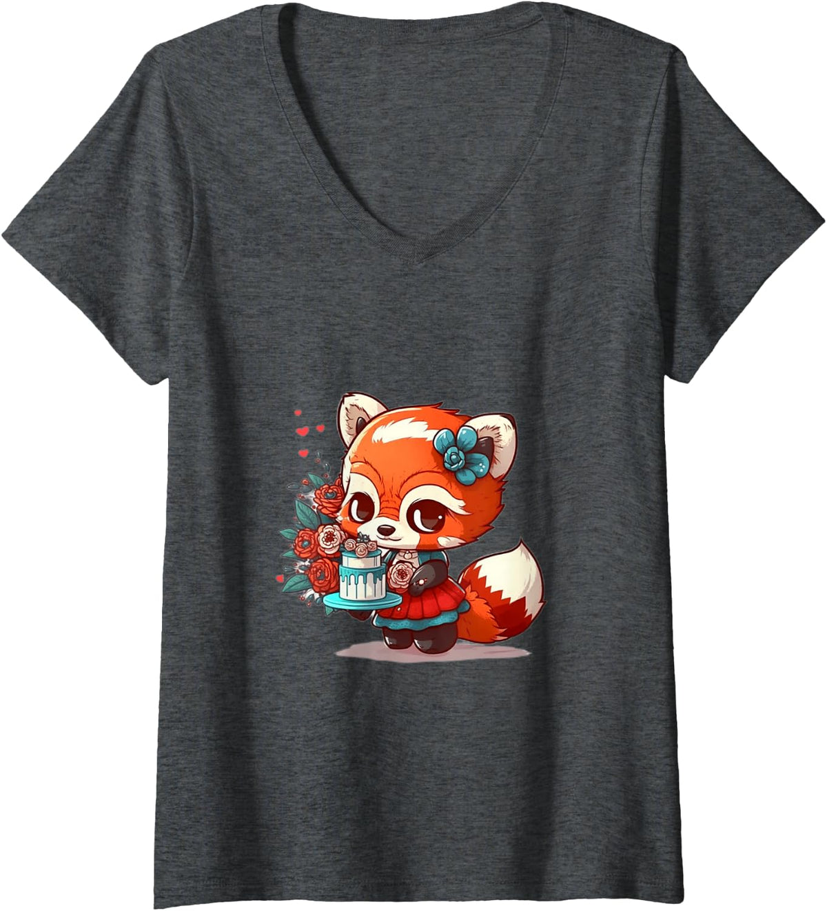 Women's Cute red Panda Chibi in a Dress V-Neck T-Shirt - Dark Heather Grey