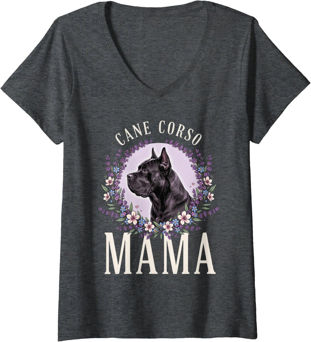 Women's Cane Corso Mama Lavender Flowers Dog Mom Italian Mastiff V-Neck T-Shirt - Dark Heather Grey