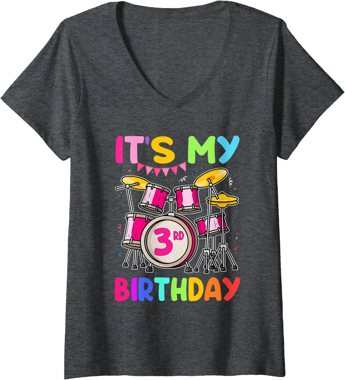 Women's It's My 3rd Birthday Drumset Theme 3 Years Old Drummer V-Neck T-Shirt - Dark Heather Grey