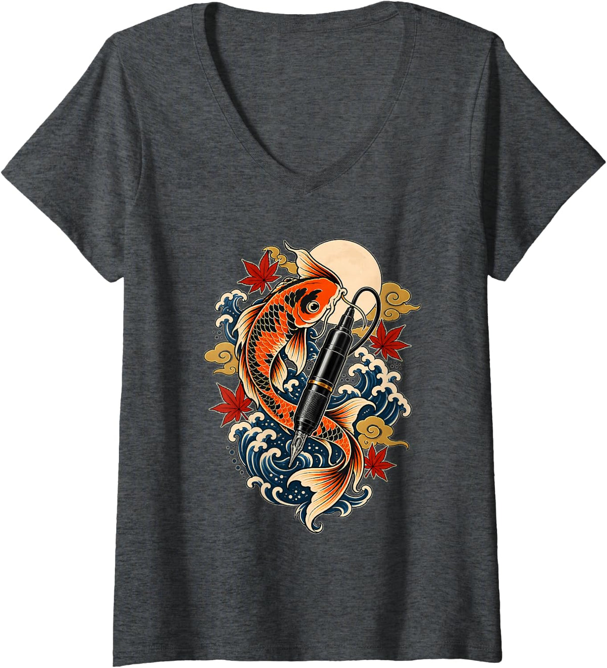 Women's Koi Fish Tattoo Machine Japanese Ink Artist V-Neck T-Shirt - Dark Heather Grey